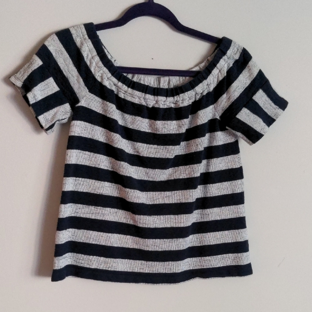 Madewell Black and White Ribbed Short Sleeve Blouse